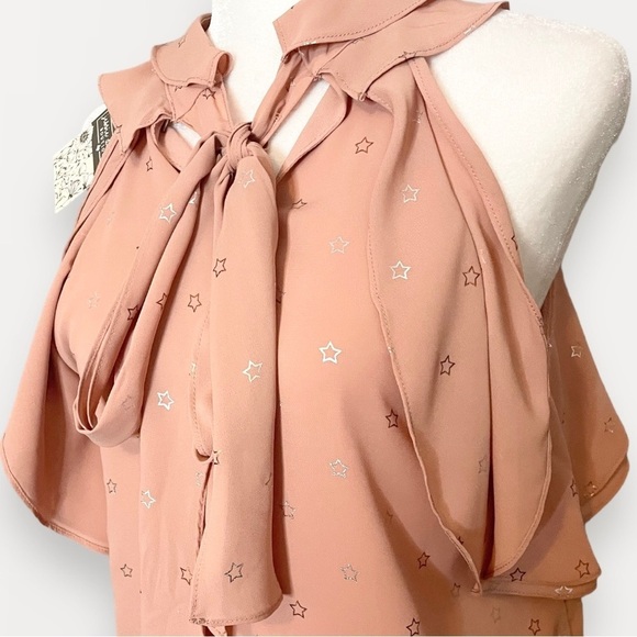 NWT Entro Size S Blouse Sleeveless Beige-Pink Silver Stars Flowy Ruffles - Picture 4 of 11